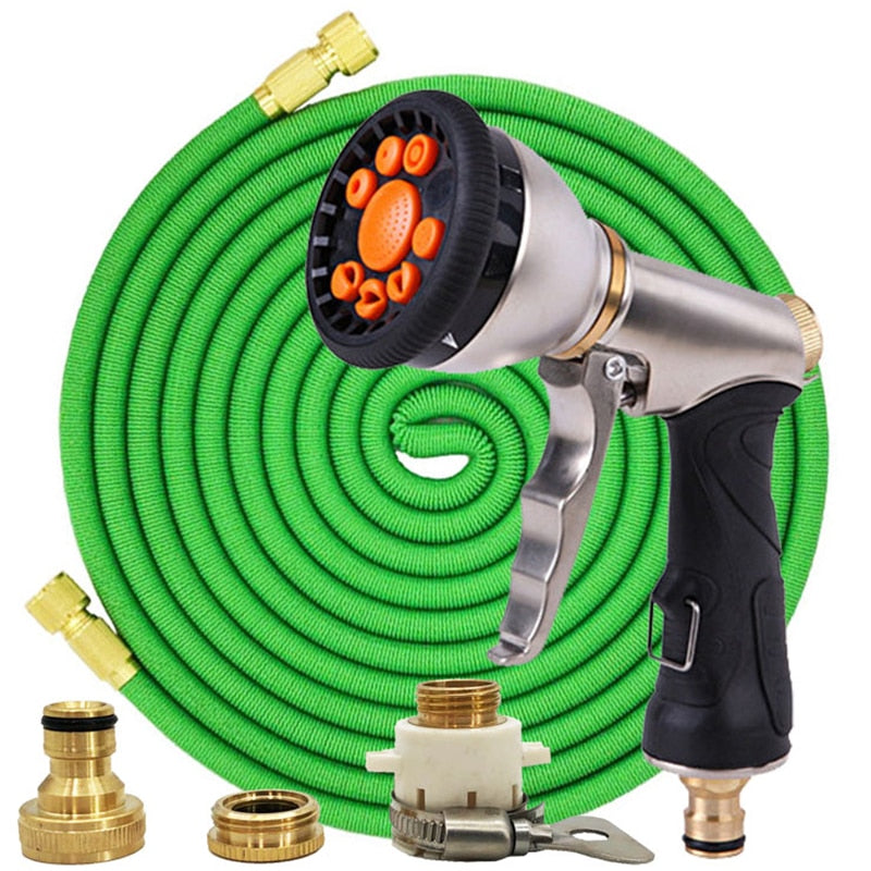 Mangueira mágica de jardim de 25 pés a 100 pés Mangueira telescópica flexível de plástico Mangueira de lavagem de carro Pistola de spray de metal Rega de jardim ao ar livre