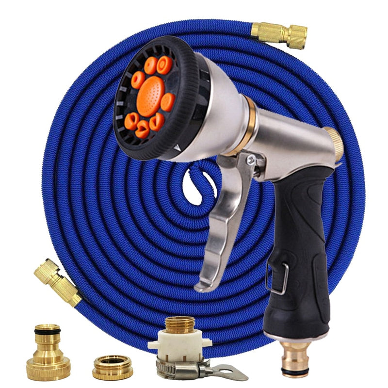 Mangueira mágica de jardim de 25 pés a 100 pés Mangueira telescópica flexível de plástico Mangueira de lavagem de carro Pistola de spray de metal Rega de jardim ao ar livre