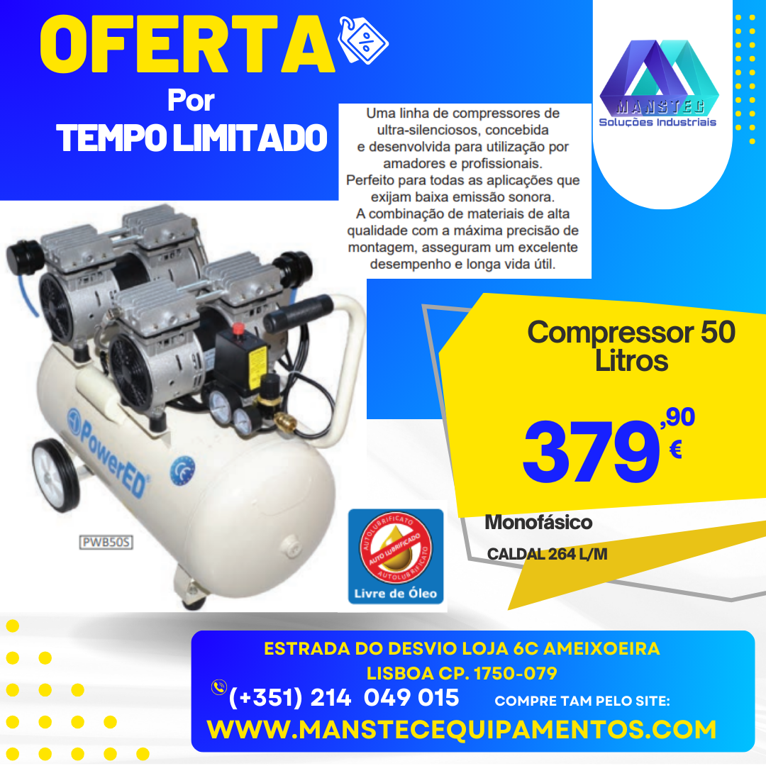 COMPRESSORES SILENCIOSOS - LIVRES DE ÓLEO 50 LITROS DUAS CABEÇAS