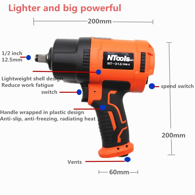 KIT Chave pneumática de impacto de 1500 nm, ferramentas pneumáticas profissionais de reparo automático, chaves pneumáticas ferramentas pneumáticas