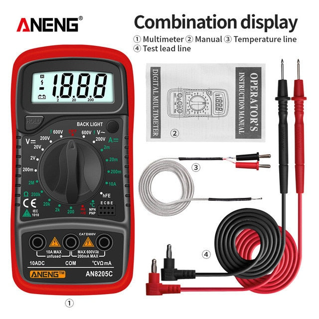 ANENG AN8205C Multímetro Digital AC/DC Amperímetro Volt Ohm Tester Medidor Multimetro Com Termopar LCD Backlight Portátil