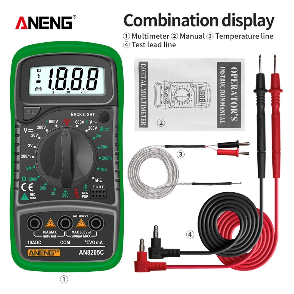 ANENG AN8205C Multímetro Digital AC/DC Amperímetro Volt Ohm Tester Medidor Multimetro Com Termopar LCD Backlight Portátil