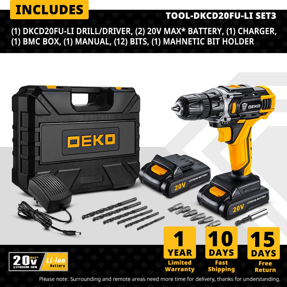 Ferramentas elétricas de furadeira sem fio DEKO 20V MAX furadeiras sem fio recarregável conjunto de furadeira elétrica para ferramenta de furadeira de bateria