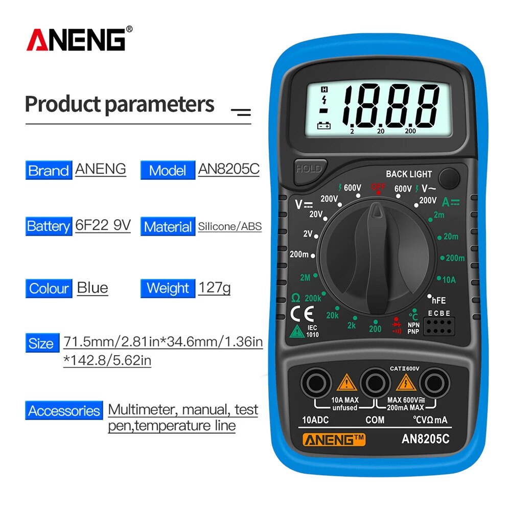 ANENG AN8205C Multímetro Digital AC/DC Amperímetro Volt Ohm Tester Medidor Multimetro Com Termopar LCD Backlight Portátil