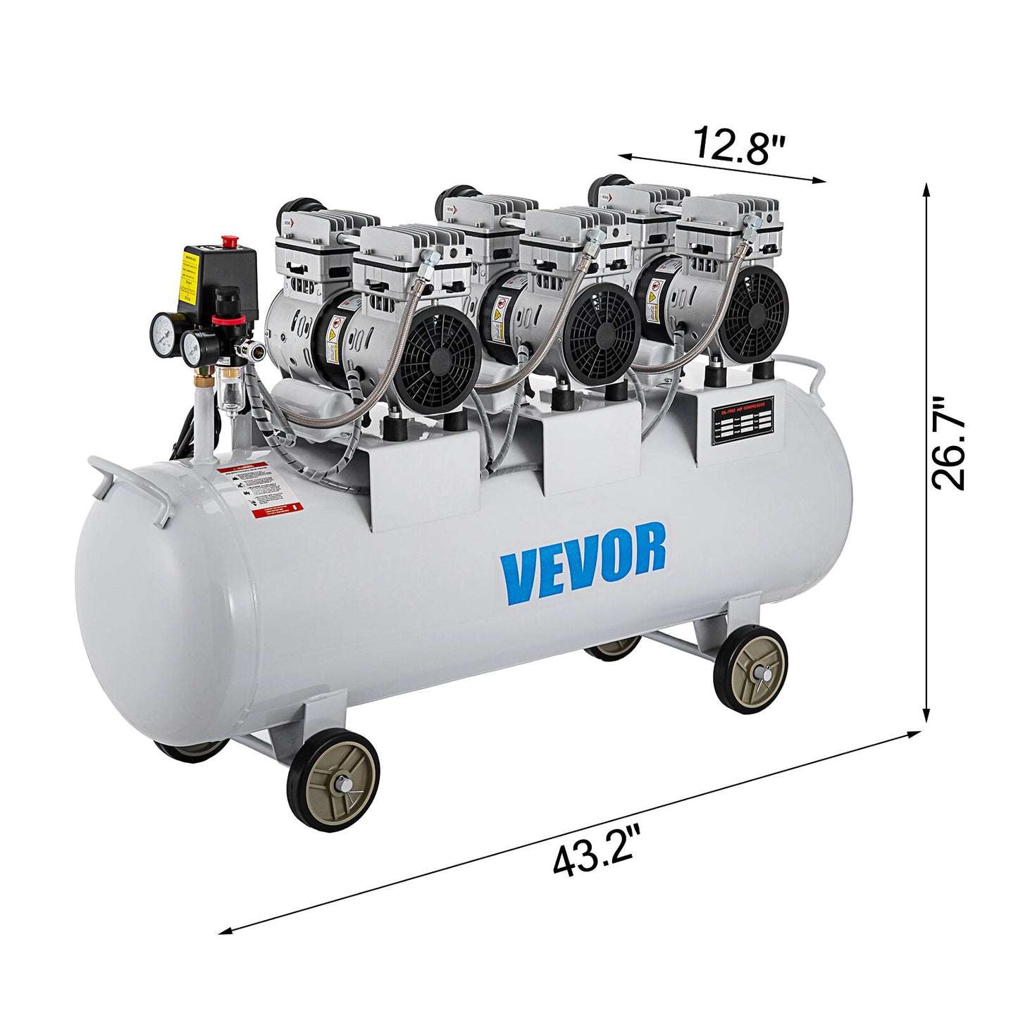 Compressor de ar com três cabeças duplas VEVOR 100L com válvula solenóide segura para manômetro duplo 3HP 22 galões Ultra silencioso sem óleo compressor de ar