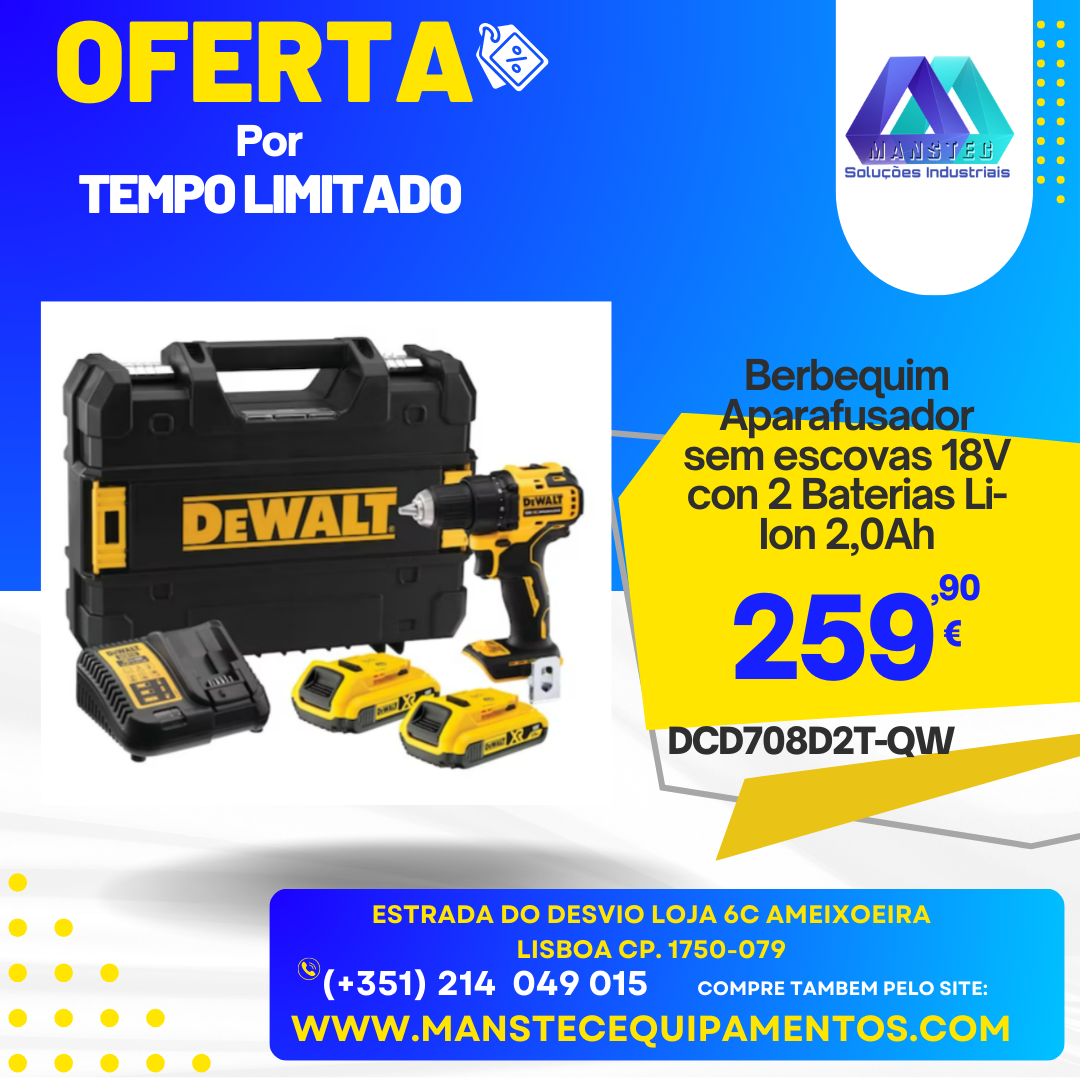 DCD708D2T-QW Berbequim Aparafusador sem escovas 18V con 2 Baterias Li-Ion 2,0Ah