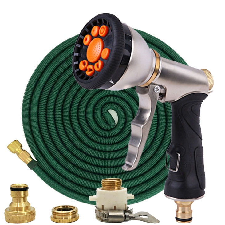 Mangueira mágica de jardim de 25 pés a 100 pés Mangueira telescópica flexível de plástico Mangueira de lavagem de carro Pistola de spray de metal Rega de jardim ao ar livre