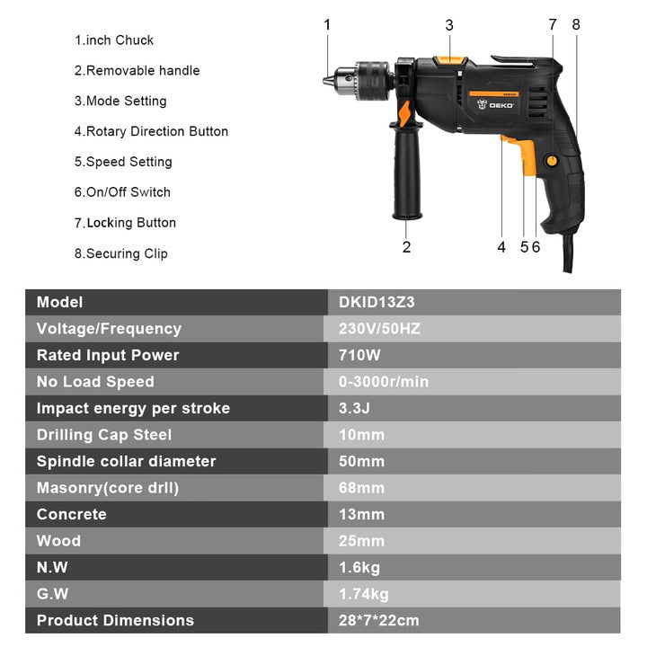DEKO 220 Barbequim  Elétrica 2 Funções Elétrica Furadeira de Martelo Rotativo Ferramentas Elétricas (Série DKIDZ)