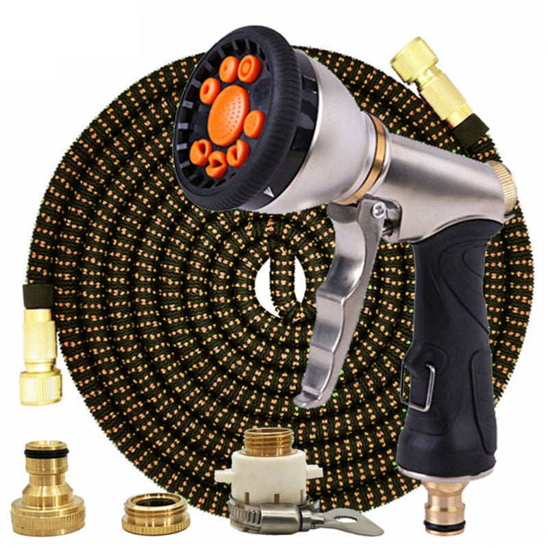 Mangueira mágica de jardim de 25 pés a 100 pés Mangueira telescópica flexível de plástico Mangueira de lavagem de carro Pistola de spray de metal Rega de jardim ao ar livre