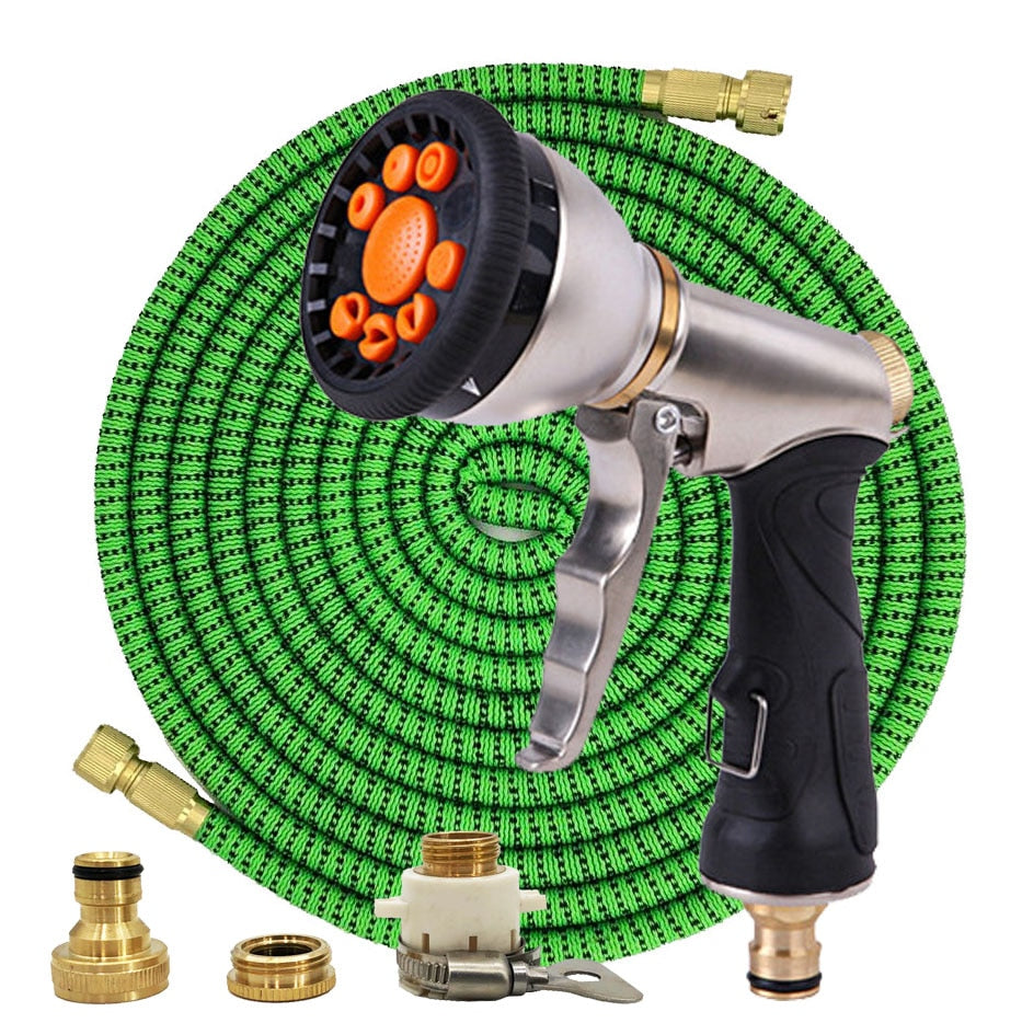 Mangueira mágica de jardim de 25 pés a 100 pés Mangueira telescópica flexível de plástico Mangueira de lavagem de carro Pistola de spray de metal Rega de jardim ao ar livre