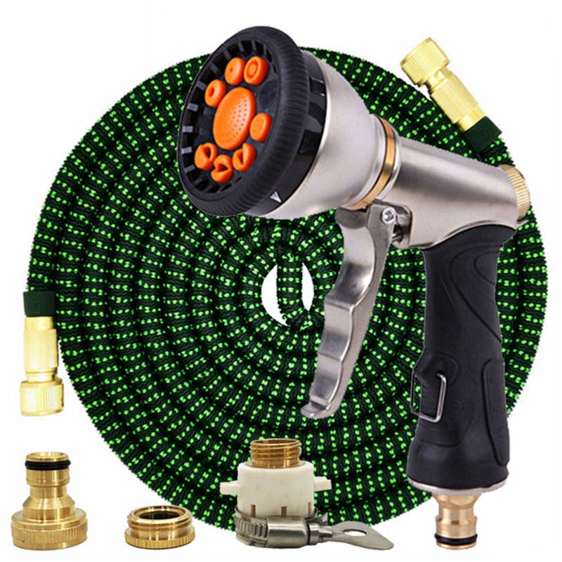 Mangueira mágica de jardim de 25 pés a 100 pés Mangueira telescópica flexível de plástico Mangueira de lavagem de carro Pistola de spray de metal Rega de jardim ao ar livre