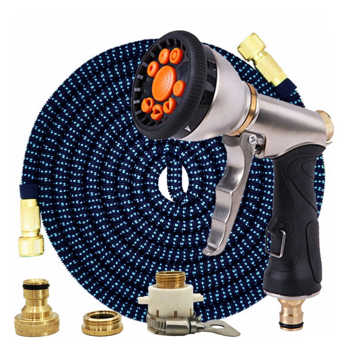Mangueira mágica de jardim de 25 pés a 100 pés Mangueira telescópica flexível de plástico Mangueira de lavagem de carro Pistola de spray de metal Rega de jardim ao ar livre