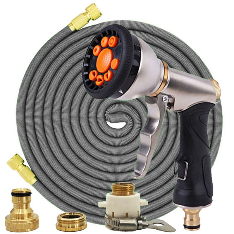 Mangueira mágica de jardim de 25 pés a 100 pés Mangueira telescópica flexível de plástico Mangueira de lavagem de carro Pistola de spray de metal Rega de jardim ao ar livre