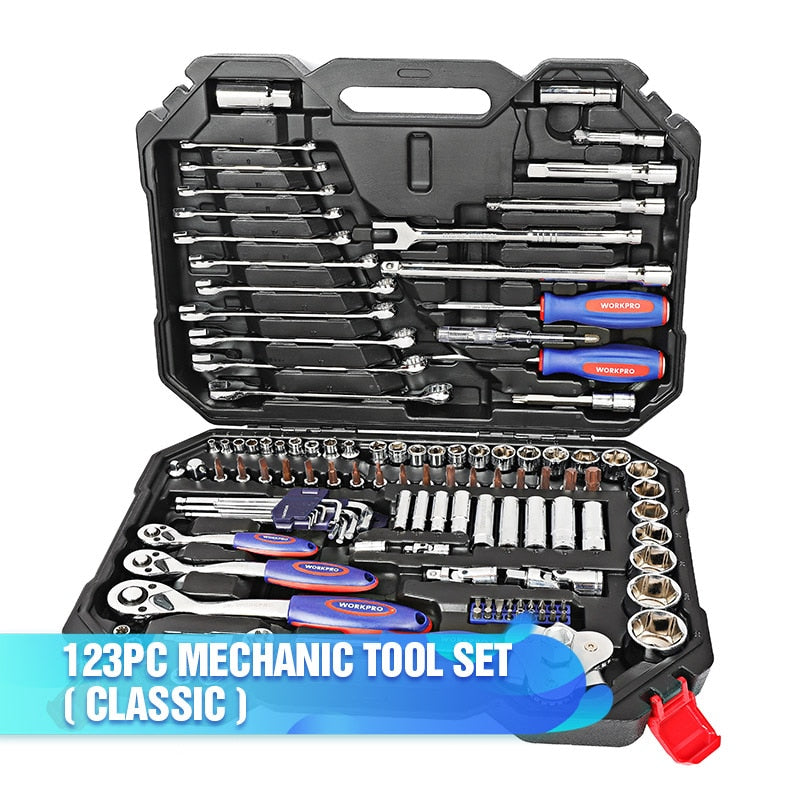 Conjunto de ferramentas WORKPRO ferramentas manuais para reparo tipo catraca com chave inglesa e conjunto de soquetes