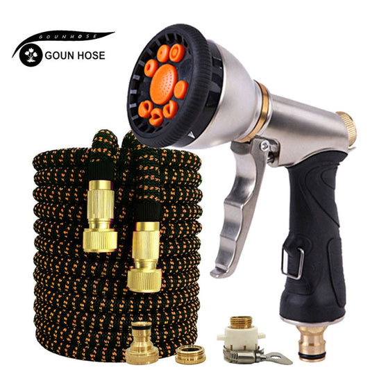 Mangueira mágica de jardim de 25 pés a 100 pés Mangueira telescópica flexível de plástico Mangueira de lavagem de carro Pistola de spray de metal Rega de jardim ao ar livre