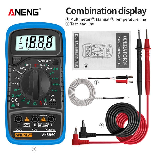 ANENG AN8205C Multímetro Digital AC/DC Amperímetro Volt Ohm Tester Medidor Multimetro Com Termopar LCD Backlight Portátil
