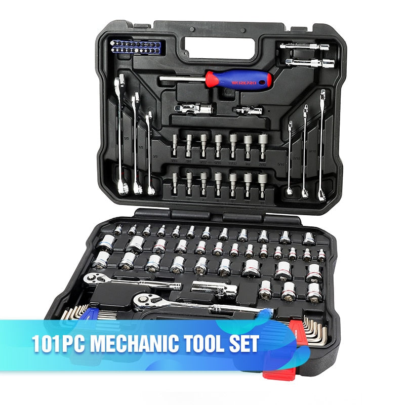 Conjunto de ferramentas WORKPRO ferramentas manuais para reparo tipo catraca com chave inglesa e conjunto de soquetes