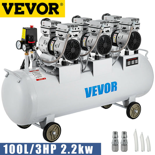 Compressor de ar com três cabeças duplas  VEVOR 100L com válvula solenóide segura para manômetro duplo 3HP 22 galões Ultra silencioso sem óleo compressor de ar