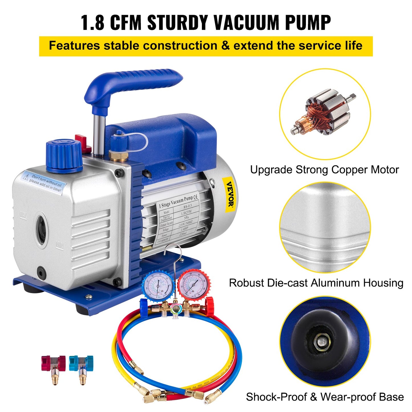 Kits de bomba de vácuo refrigerante VEVOR 1.8-4.8CFM refrigeração HVAC 1/3 1/4 HP com manômetro para ar condicionad